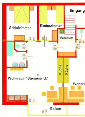 Plan der Ferienwohnung Sternenblick mit großer Wohnküche, 2 Schlafzimmern mit Doppelbetten, Bad mit Badewanne und do Doppelwaschtisch, WC extra