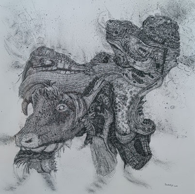 Entities in Wood 4 / Indian ink on paper, 90 x 90cm, 2026