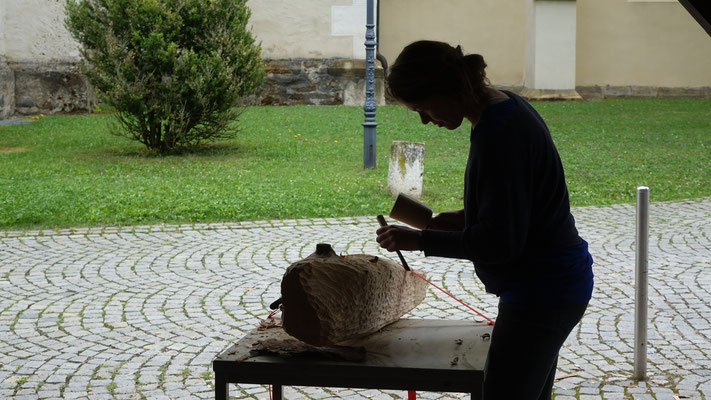 Der Bildhauerkurs arbeitet traditionell im Freien. Heuer wurde verschiedene heimische Hölzer verwendet.