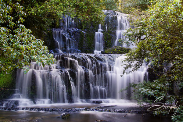Owaka, Catlins, Purakaunui Falls, mit Sonne belauchteter Wasserfall in mitten des subtropischen Urwaldes, Langzeitaufnahme