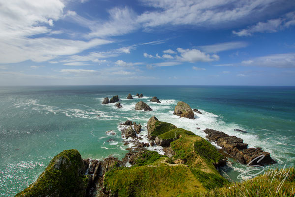 Kaka Point, Sicht auf das tosende blau-grüne Meer mit dein kleinen vorgelagerten Inseln