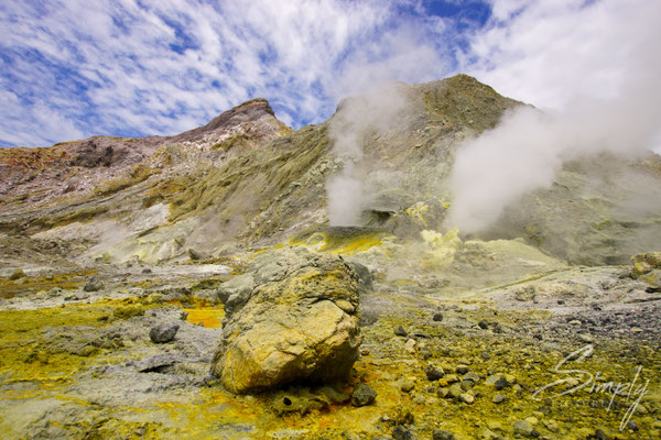 Whakaari, White Island, Fumerolen in einem Schwefelfeld