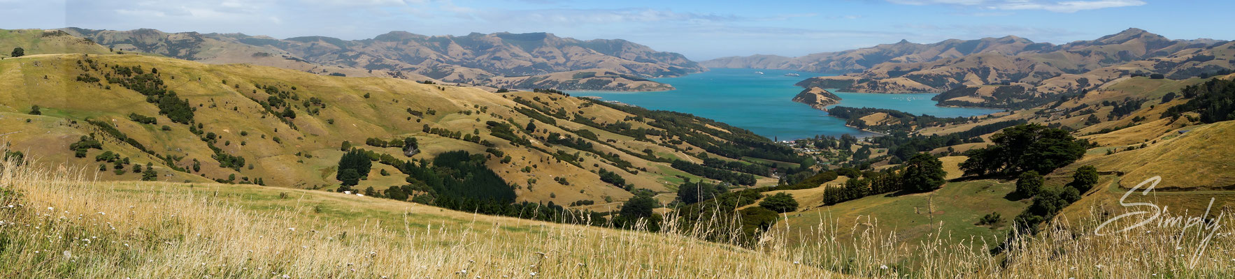 Christchurch, Akaroa, Sicht auf die Pigeon Bay mit Kreuzfahrtschiffen im Hintergrund des Panoramas