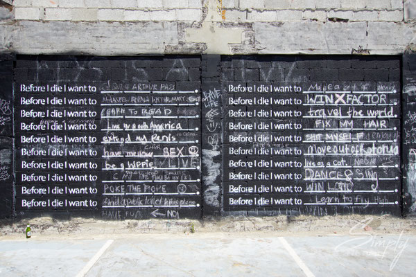 Christchurch,Hauswand mit Aufschriften nach dem Erdbeben 2011, "Before I die I want to..."