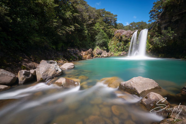 Tongariro Forest Park, Wanganui-Tawhai Falls, Gollums Pool, Wasserfall im Nationalpark, Sonnenschein und subtropischer Urwald, Langzeitaufnahme