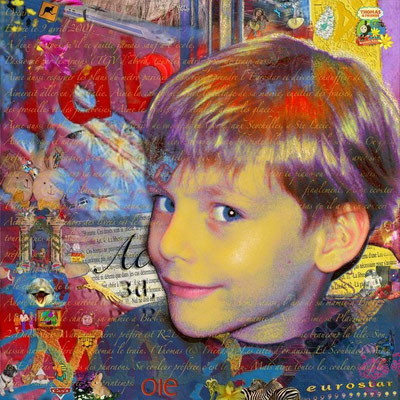 Boy 6 16''x16'' Portrait commission on canvas with paints, glue and varnish