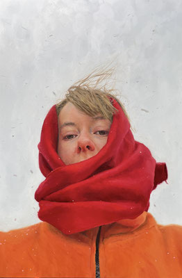 Anna Bogomolova - Autorretrato Con Bufanda Roja - Óleo sobre lienzo - 90x50
