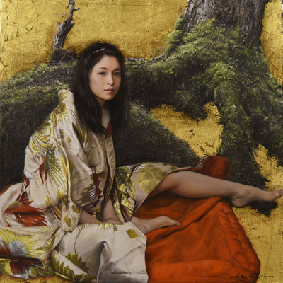 Katsu Nakajima (Japón) - Woman in the forest - Oil and Gold Leaf - 91x91