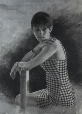 Roberto L. Zuñet - Giselle ensimismada - Carboncillo, grafito, PanPastel y Acrílico sobre papel - 64x46