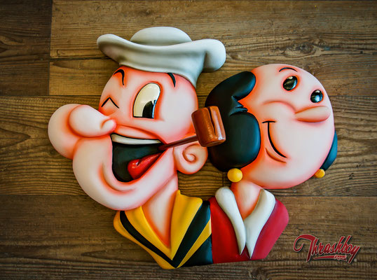 Popeye and Olivia, commission work, handcarved out of styrofoam, handpainted, one of a kind