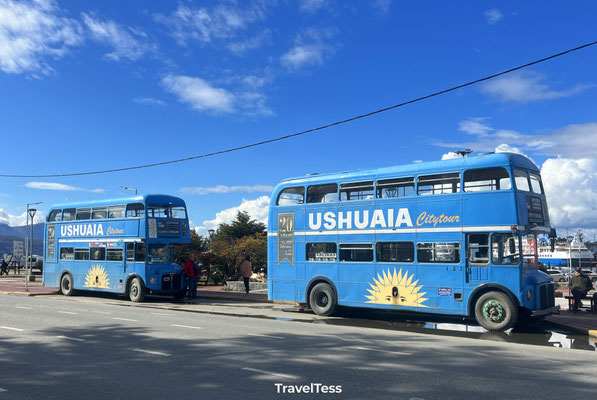 Dubbeldekker bussen in Ushuaia