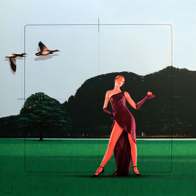 QUIET ZONE (DONNA CON MELA) olio su tela cm 70 x 70