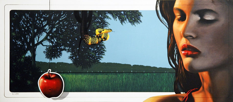 EVA E LA BESTIA (SERPENTE) olio su tela cm 71 x 31