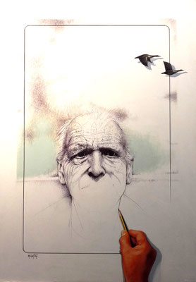 AUTORITRATTO PRESUNTO DEI MIEI 90 ANNI penna biro e olio cm 70 x 50