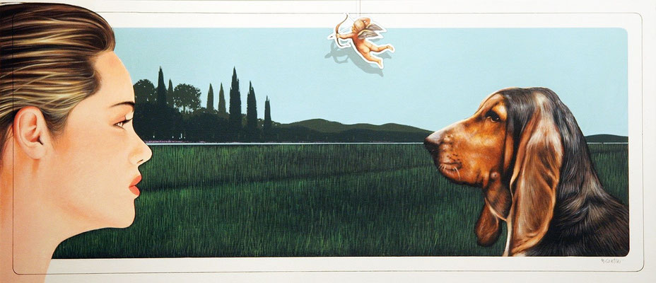 EVA E LA BESTIA (CANE) olio su tela cm 71 x 31