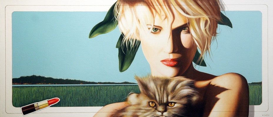 EVA E LA BESTIA (GATTO) olio su tela cm 71 x 31