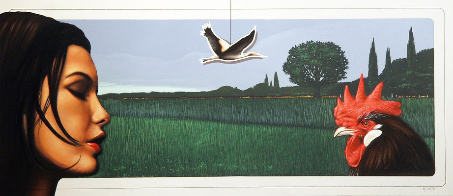 EVA E LA BESTIA (GALLO) olio su tela cm 71 x 31
