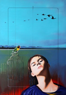INSEPARABILE MASCHERATO olio su tela cm 100 x 70