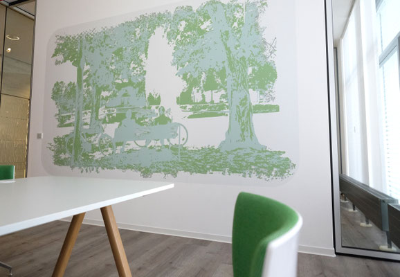 Beratungsraum mit Grafik zu einem Ort in Dieburg, Corporate Art für Banken und Dienstleister.
