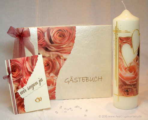 Hochzeit Set: Einladungskart, Gästebuch und Traukerze, Rosendekor. Embossing Stempeltechnik