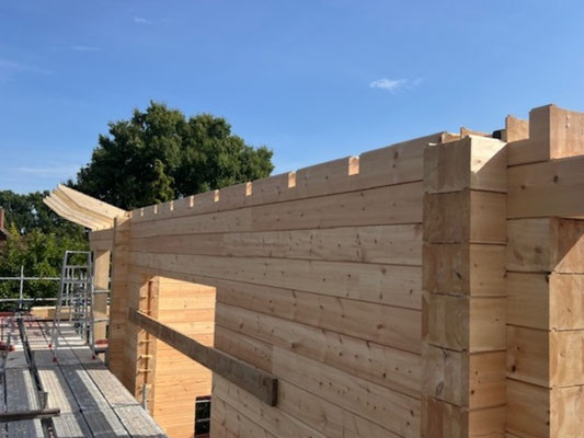 Wandaufbau des Blockhauses mit 275 mm dicken Lamellenbalken