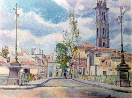 Sin título.  Obra no localizada, rescatada del archivo fotográfico del pintor. Vista del puente de El Cabo y la iglesia de La Concepción, desde el antiguo Hospital Civil de Santa Cruz de Tenerife