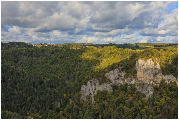 Blick auf Irndorf und den Felsen "Rauher Stein" 8226