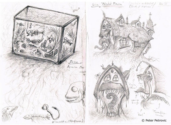 Skizzen zu "Aquarium Mors" und "Geburt der Albträume" (2008; Bleistift; 2xA5)