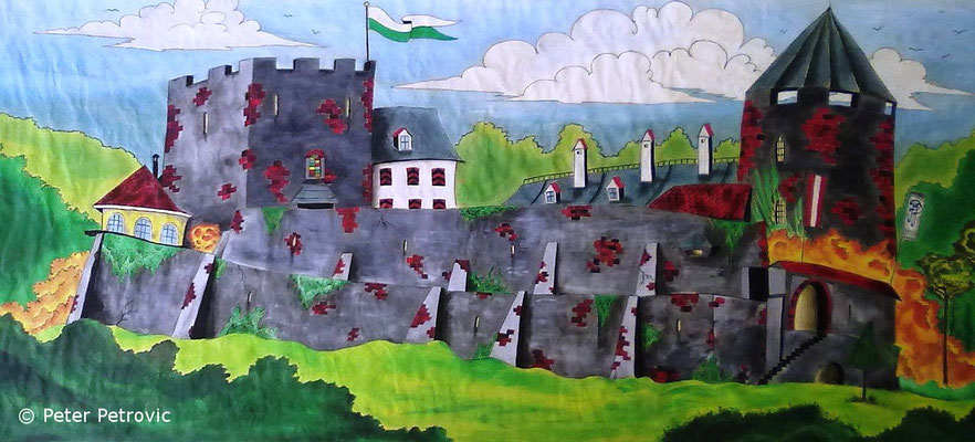 Burg DL (Entwurf für ein Kasperltheaterbühnenbild) (2012; Textilfarbe auf Stoff; >A2) [Verschenkt]