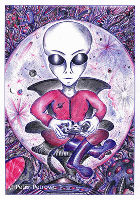 The Extraterrestrial Gamer (2014; Kugelschreiber; 30x40 cm) [Privatbesitz]