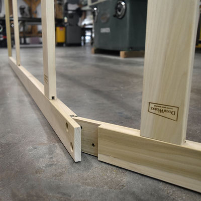 Detail of the folding brace joinery in a DoubWorks custom folding stretcher