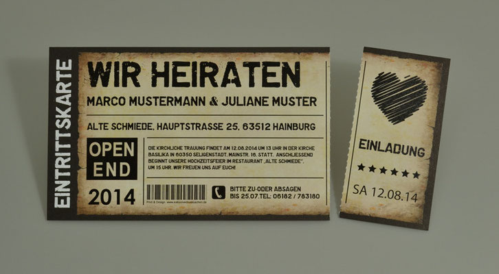 Einladungskarten Hochzeit als Ticket Eintrittskarte Einladung Karte Vintage mit Abriss- Perforation