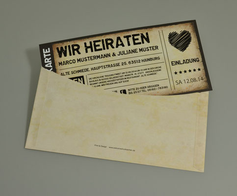 Einladungskarten Hochzeit als Ticket Eintrittskarte Einladung Karte Vintage mit Abriss- Perforation