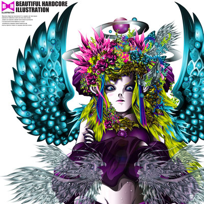 ガールズイラスト「ミスティックエンジェル」Adobe illustratorで作成。羽根の立体感と頭の花の彩り/2012