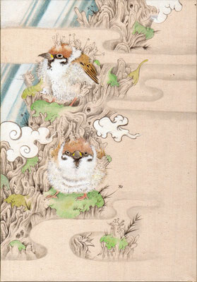 「雀」180mm×140mm　墨、和紙、水干絵具、アクリル