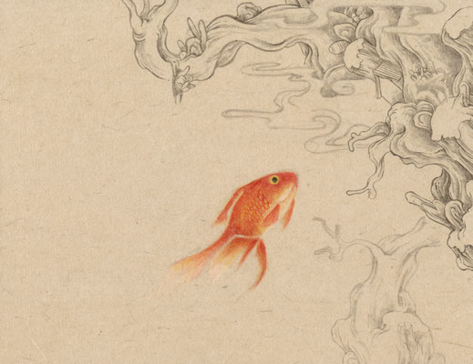 「金魚5」140mm×180mm　墨、和紙、水干絵具、アクリル