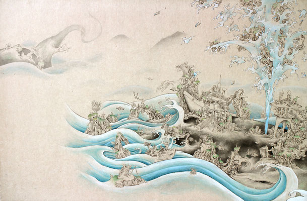 「京の魚」530mm×803mm　墨、和紙、水干絵具、アクリル