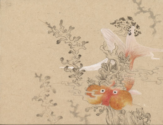 「金魚１」140mm×180mm　墨、和紙、水干絵具、アクリル