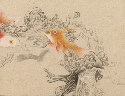 「金魚4」140mm×180mm　墨、和紙、水干絵具、アクリル