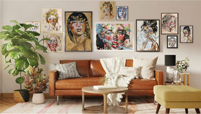 In situ avec reproductions portraits sur archives textiles