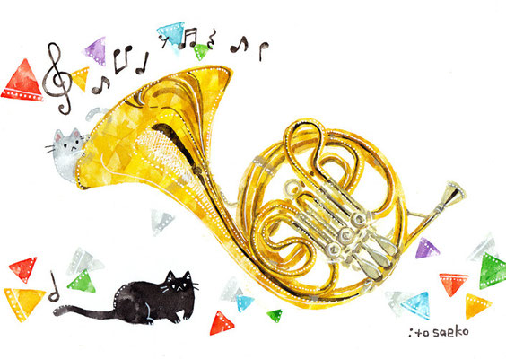 「ホルンとネコ」A5/水彩絵具・ペン