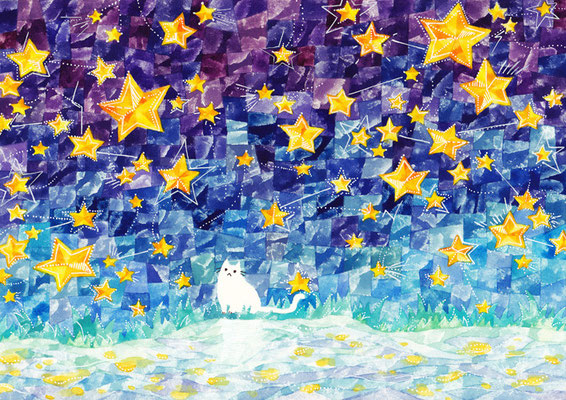 「星とネコ」A4/水彩絵具・ペン