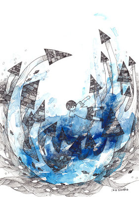 「さらう、さわらない」B5/水彩絵具・耐水性ペン