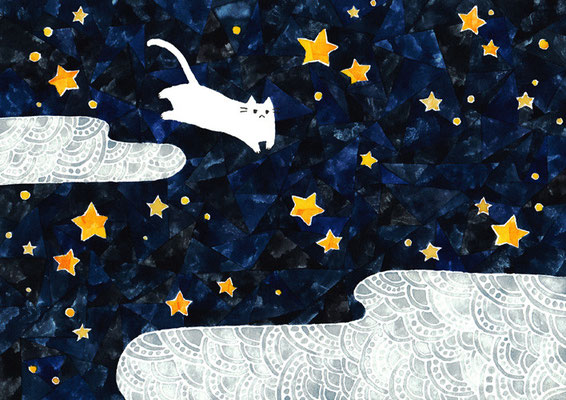 「夜空とネコ」B5/水彩絵具