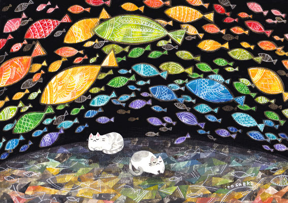「魚の虹を夢見るネコ」B5/水彩絵具