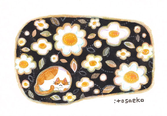 「白い花と眠るネコ」89×128㎜/水彩・顔彩・ペン・色鉛筆