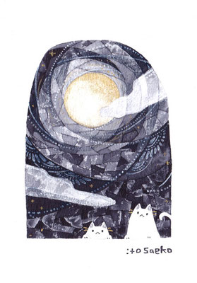 絵画「月と夜を迎えるネコ」