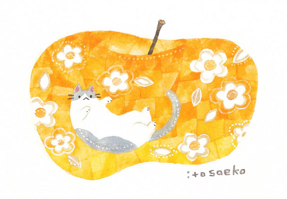 「林檎とネコ」シリーズ　89×128㎜/水彩・顔彩・ペン・色鉛筆