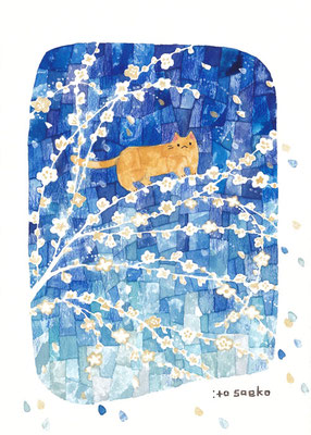 「青の上の花とネコ」128×179㎜/水彩・顔彩・ペン・色鉛筆