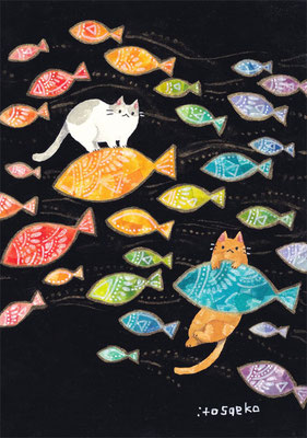 「魚の虹に乗るネコたち」105×150㎜/水彩・顔彩・アクリル・ペン・色鉛筆